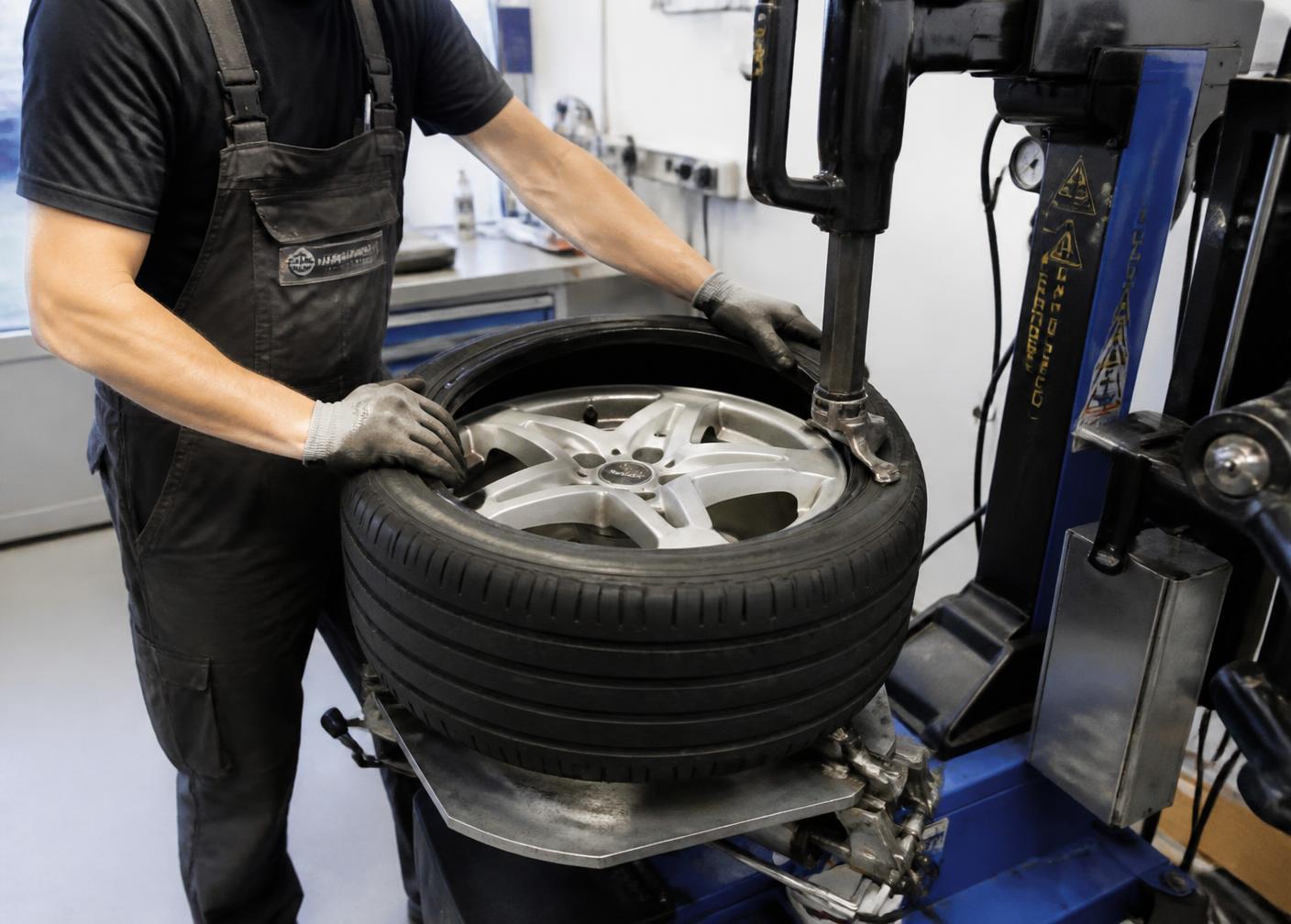 Mechaniker montiert einen neuen Reifen auf eine Felge